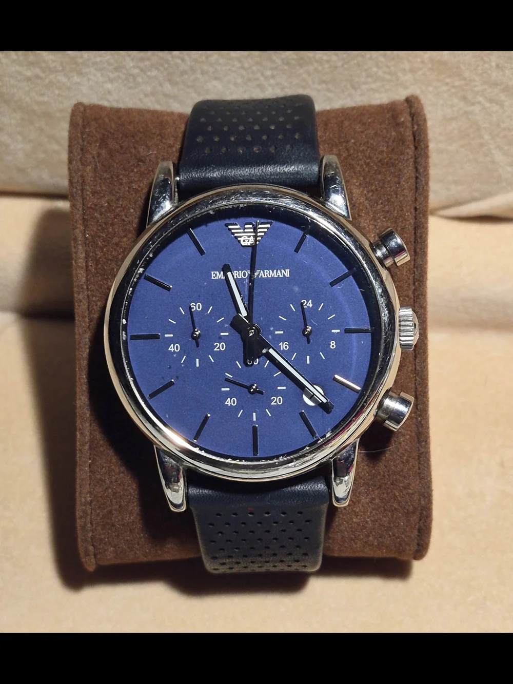 Emporio Armani Men’s Blue Dial Chronograph Watch with Black Leather Strap